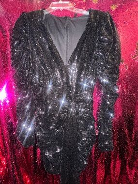 Black Sequin Puff-Sleeve Party Dress